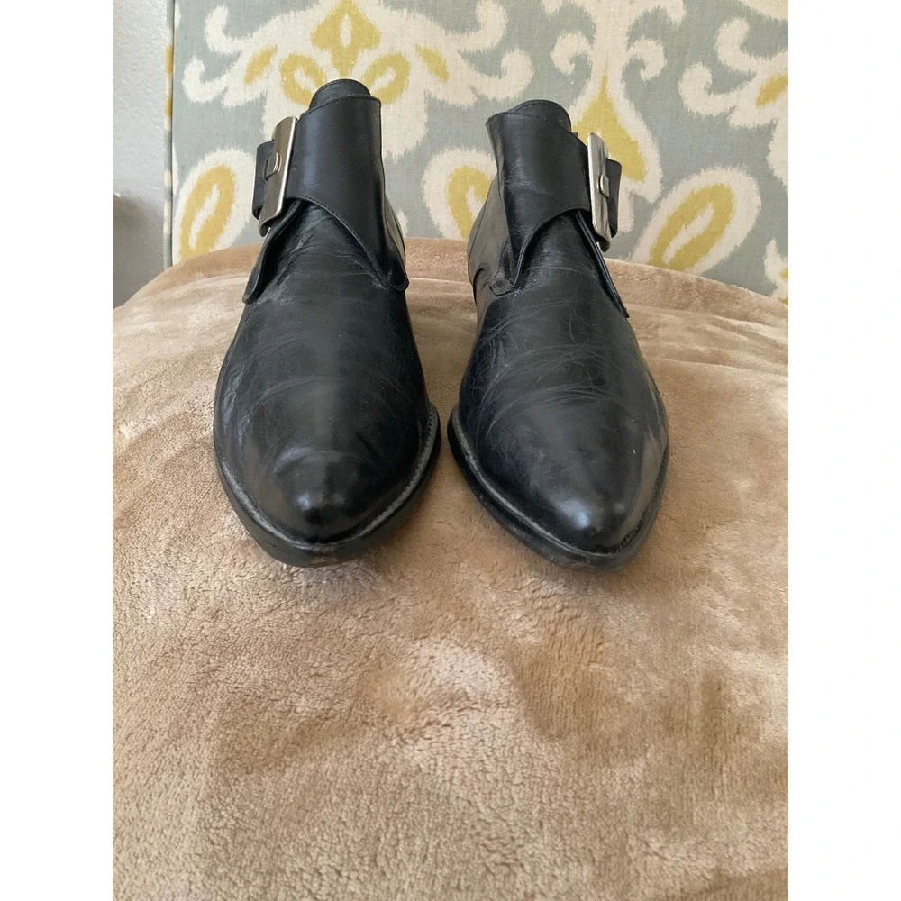 Browns Italy Black Leather Buckle Ankle Boots Pointed Toe Cone Heel Size 38
